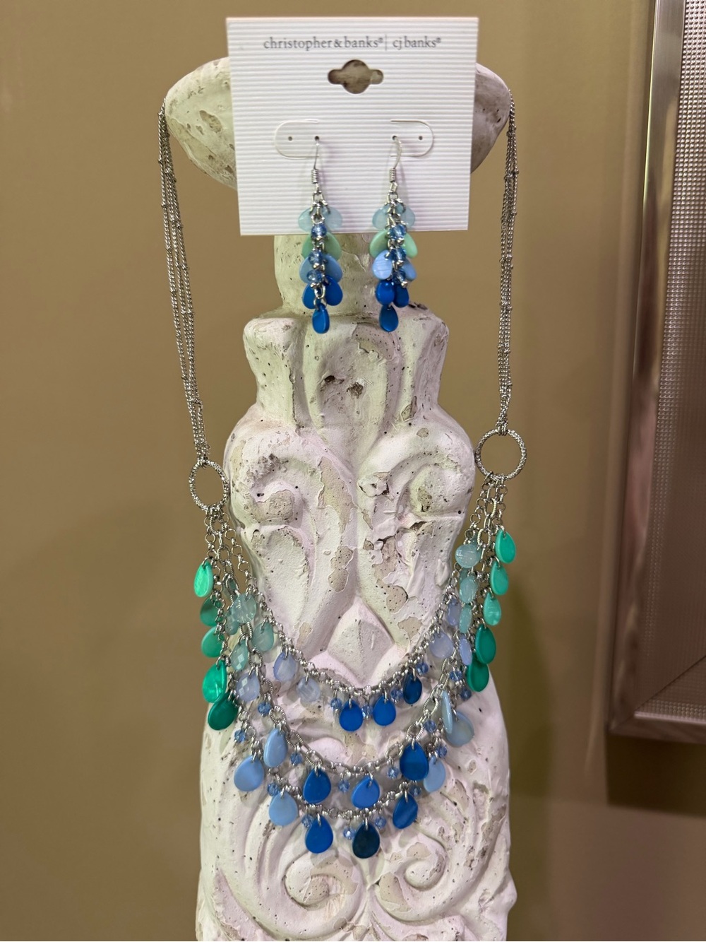 New-Christopher & Banks Blue-Green Teardrop Layered Necklace & Earring Set